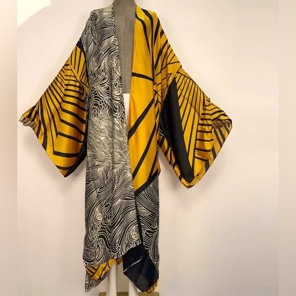 Desert Dune Silk Feel Feather Boho Kimono W/Sash Tie, Ultra Flowy Print Duster - Picture 3 of 4